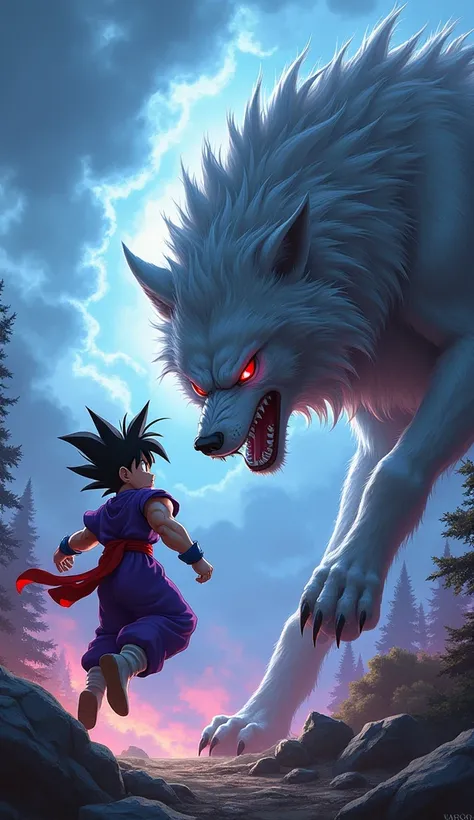 "An ultra-realistic depiction of a young martial artist resembling Gohan from Dragon Ball Z, mid-air in an intense leap toward a massive, ferocious wolf. Gohan is wearing his iconic purple gi with a red sash, his spiky hair standing out as he shows a deter...