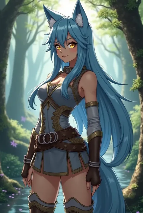 
 “A semi-human Kemonomimi style ,  with the ears and tail of a wolf .  has long ,  with blue reflections ,  that highlights her connection with nature .  Her eyes are of an intense bright yellow ,  similar to those of a silver wolf ,  radiating confidence...