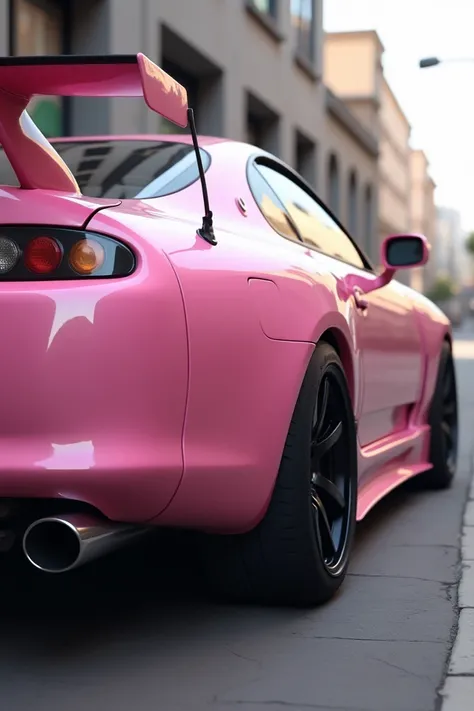 a lifelike 1996 toyota supra mk4, baby pink, sophisticated exterior, rally suspension and drift car mix, left rear view, center distance