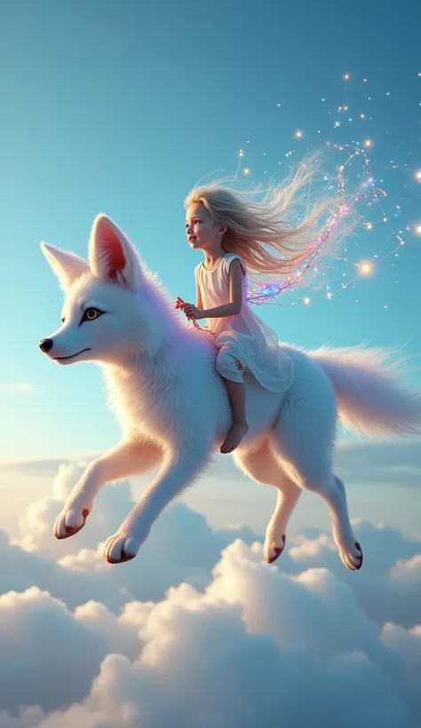 "Macro photograph of a delicate sky weaver riding a glowing, translucent breeze-fox pup with fur that shifts in pastel gradients. The fox floats effortlessly through the sky, leaving trails of shimmering clouds behind. The weaver holds a spool of iridescen...