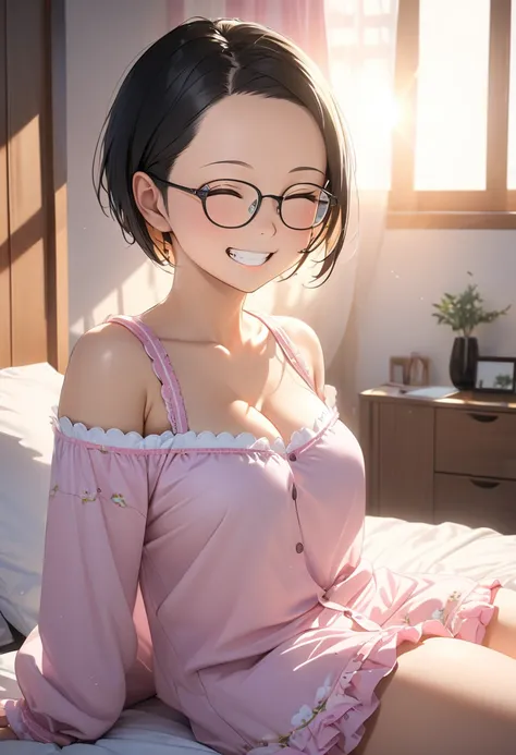 RAWphoto,photorealistic,8k16k,best quality,perfect anatomy,perfect detailed,ultra highres, extremely detailed eyes and face,gleaming skin,shiny skin,1girl,Japanese,black short hair,pixie cut, (wearing glasses:1.3),(parted bangs,forehead:1.2),round face,med...