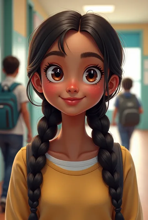 Amina, une élève de cette école une fille pleine de vie avec des yeux brillants d’intelligence., Cheveux Noirs, Tresse, Sourire, 