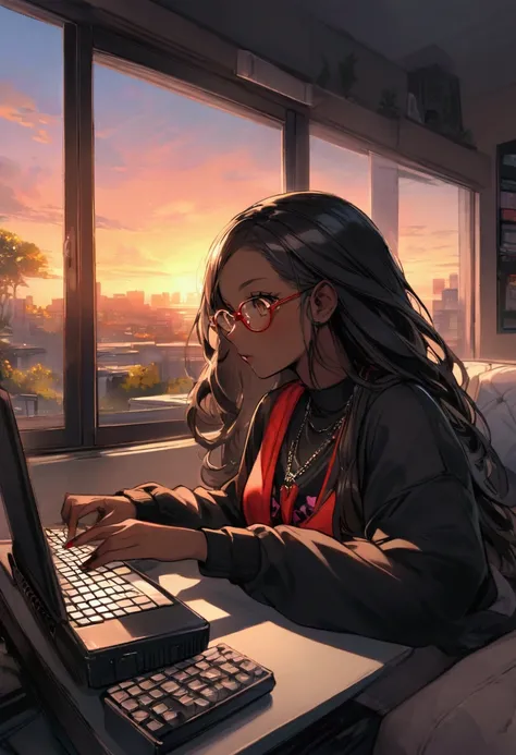 black female character, dark skinned, black girl, 20, long hair, brown eyes, natural light, streetwear, typing at a computer red glasses, programmer, gamer, panoramic window view of neighborhood, sunset, luxury decor