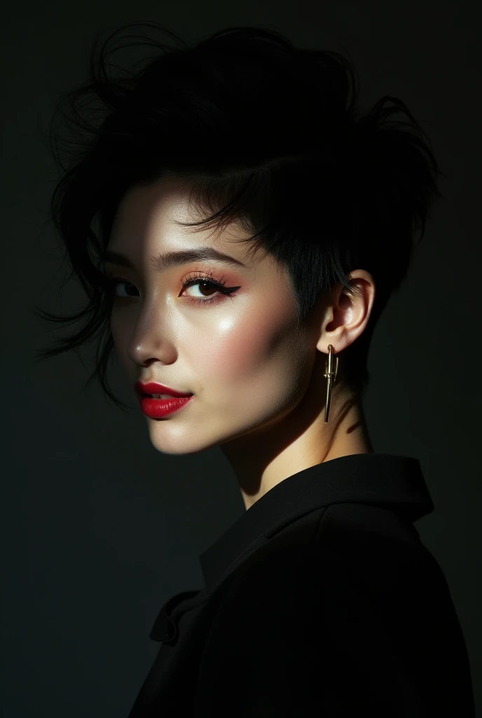 profile view, glamorous close-up portrait of a woman with an avant-garde haircut, cinematic lighting, half of her face in shadow, bright and expressive eyes, profile view, fashion photo, stylish photo, Helmut Newton style