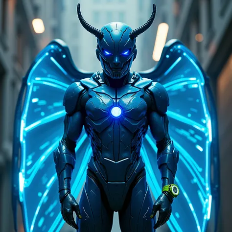   Superhero with a blue LED armor with 6 beetle wings and a green watch with black LED 