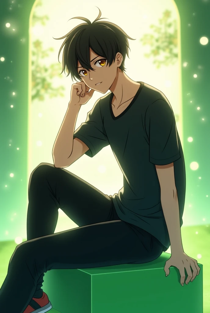 My sweet art anime guy.  Black fdball and pants. Black hair .  brown eyes .  Sitting on a green cube . And against the background of the series, there is light 