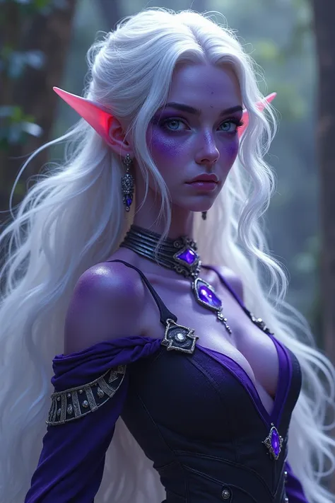  I want to create an RPG character that is female ,  half an elf with dark purple skin and silver hair ,  I want light eyes  ( I dont know the color , So invent ) She is associated with silver-type good dragons and will be a sorceress 