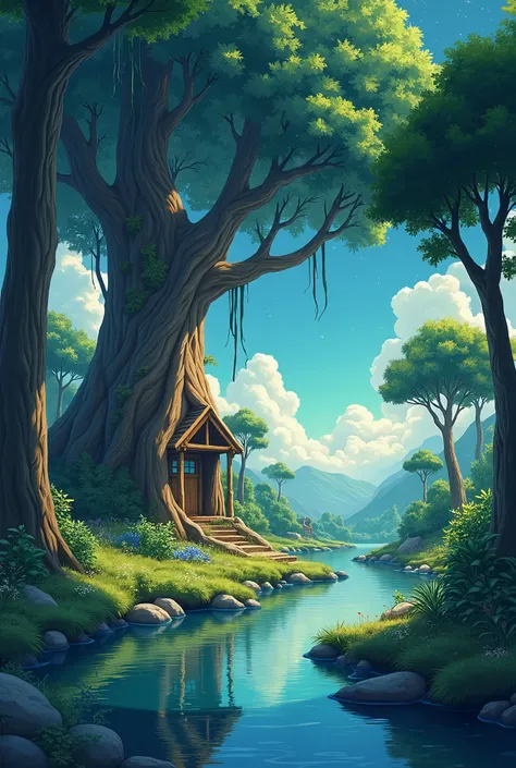 3. Prompt/imagine: Project a natural 4K anime anime background scene reminiscent of Hayao Miyazakis works. A tree trunk house sits among towering old trees, where sunlight softly illuminates the scene. A calm stream meanders through the surroundings, under...