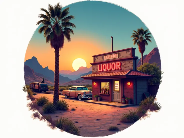 create t shirt design in circle for CABAZON, small liquor store, desert, palm trees in behind, railroad, few cars, BIG DINOSAUR