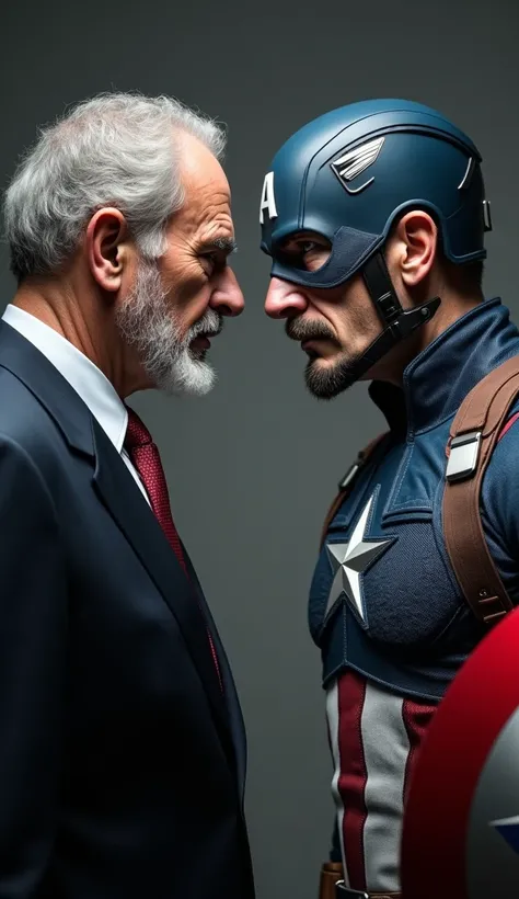 "An ultra-realistic scene showing President Luiz Inácio Lula da Silva and a character inspired by Captain America facing each other with intense and serious expressions, both clearly angry. Lula is dressed in an elegant dark-colored suit, white shirt and r...