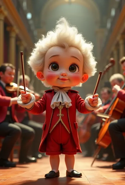 inspired by Disney Pixar characters, create a baby version of Mozart with red clothes and a white wig from the period, a conductors wand in his hands conducting an orchestra with a full background