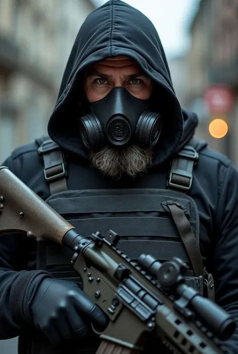 eastern european male,black combat hoodie,bulletproof plate carrier vest,black fingerless gloves,half gas mask that covers his mouth and nose