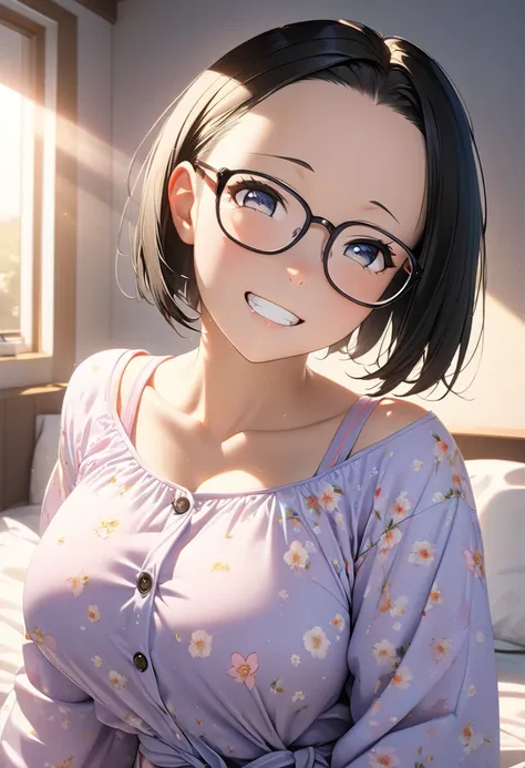 RAWphoto,photorealistic,8k16k,best quality,perfect anatomy,perfect detailed,ultra highres, extremely detailed eyes and face,gleaming skin,shiny skin,1girl,Japanese,black short hair,pixie cut, (wearing glasses:1.3),(parted bangs,forehead:1.2),round face,med...