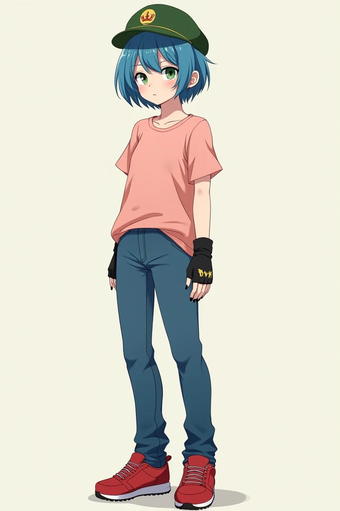 A blue-short hair  teenager, with Shy Mood, Pink shirt, jeans, Red sportive shoes, green Officer hat, fingerless gloves, black Nails and green eyes