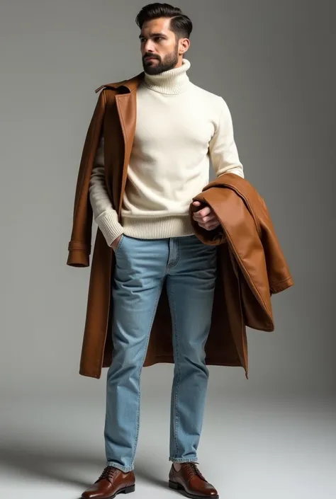 off white high neck sweater and sky blue jeans with brown leather suit dress combination for mens