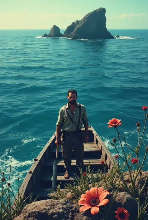 Generate a illustration, a men ,a boat, an ocean, a hidden knife in flowers,a rock and eye create a composition with that objects