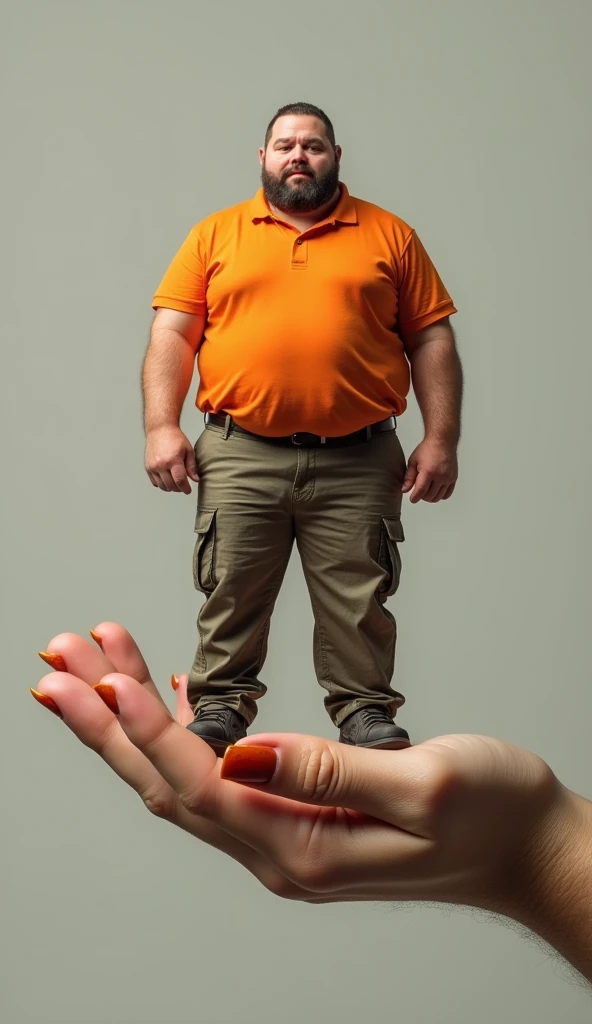 a tiny shrunken overweight man full body in uniform of orange polo shirt and cargo pants, standing on a womans hand with manicured dark orange nails