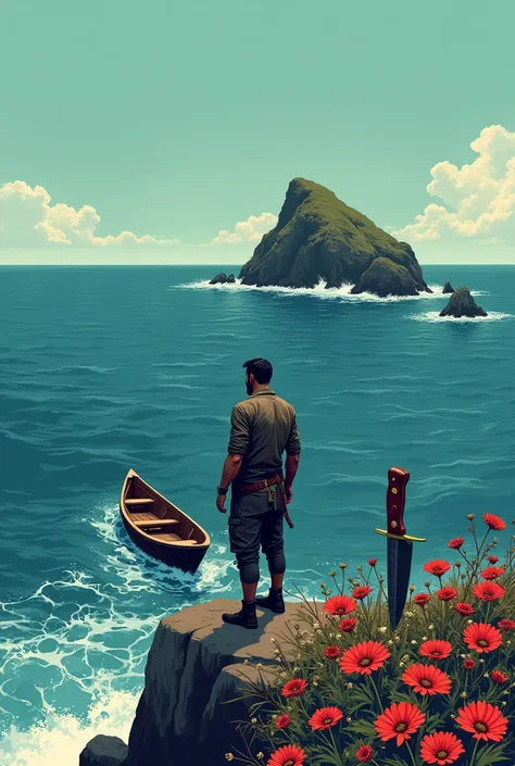 Generate a illustration, a men ,a boat, an ocean, a hidden knife in flowers,a rock and eye create a composition with that objects