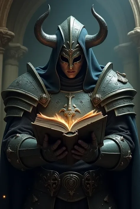 Masked of a dark fantasy knight reading a book