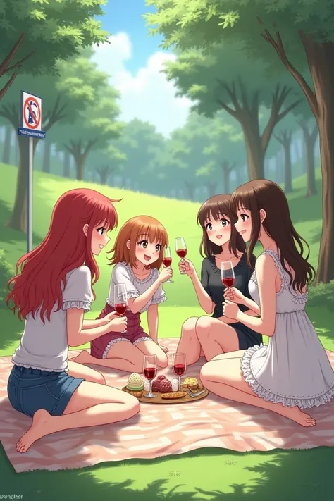  Create an image of 4 girls with wine and ice cream together that the place is in a park like a picnic but that inside the picnic you will find the 4 girls a red-haired girl, a wavy girl ,  a girl with short hair laceo ,  and finally a girl with very long ...