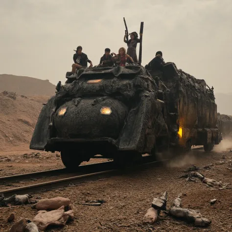 
“A rugged, armored train moving through a post-apocalyptic wasteland | (heavily reinforced wagons with spiked plating, glowing energy cores, and makeshift weapons) | tracks buried under sand dunes, ruins, or lava flows | (the train traverses environments ...