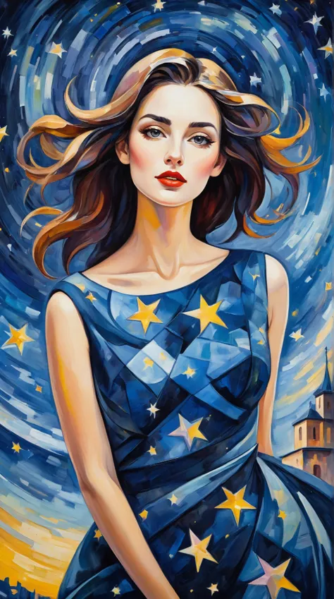 (best quality,realistic,highres:1.2),soft toned, oil painting,impressionistic strokes,From Cubism, Fauvism to Surrealism and Abstractionism, woman, their art concept and pattern all have been embodied in fashion design.Starry Sky background