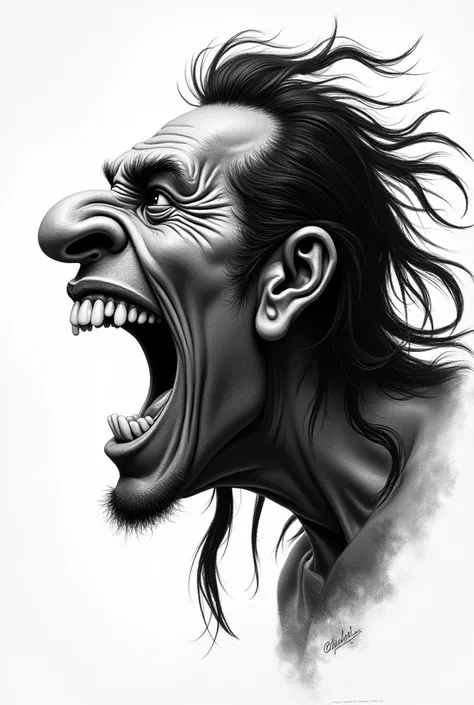 Caricature of the Uruguayan Indian Charrúa face, In profile and shouting war anthem in black and white 
