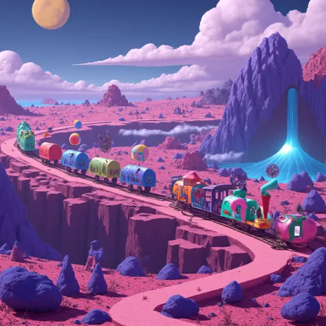 A surreal, dreamlike train traveling through the subconscious | (vividly colored wagons made of shifting, abstract shapes): spirals, floating orbs, and liquid-like forms | each wagon represents a dream state: calm serenity, chaotic nightmares, nostalgic me...