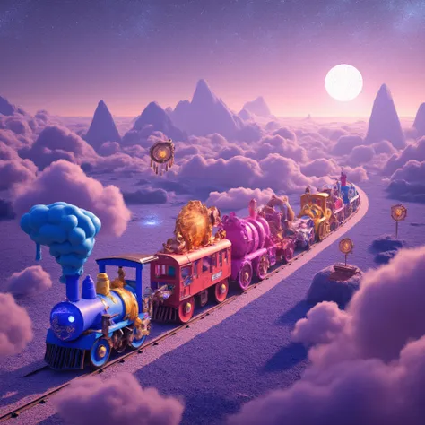 A surreal, dreamlike train traveling through the subconscious | (vividly colored wagons made of shifting, abstract shapes): spirals, floating orbs, and liquid-like forms | each wagon represents a dream state: calm serenity, chaotic nightmares, nostalgic me...