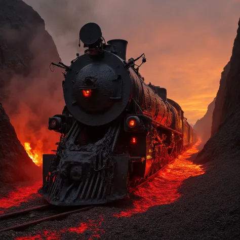 A terrifying, demonic train that pierces through hellish dimensions and twisted timelines | (the train is forged from blackened iron, glowing with molten cracks) | massive demonic faces carved into the engine | (surrounded by fiery landscapes): rivers of l...