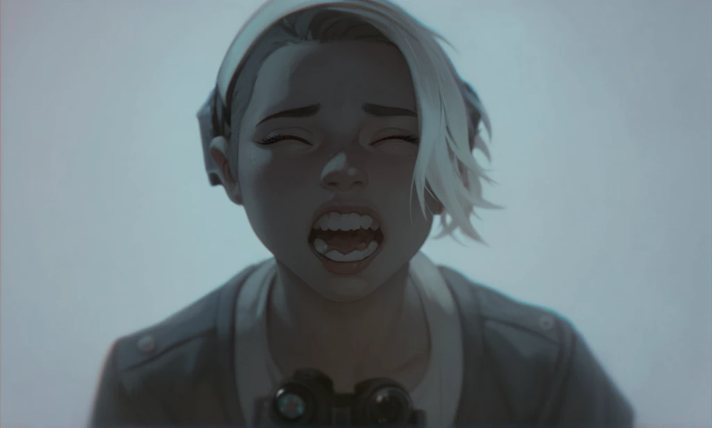 A girl,   looking in front of the camera screaming, eyes almost closed , Open mouth, twisted,  acting expression ,  very detailed ,  camera angle , fish eye, best work,   good quality ,  Admofera , 8K.