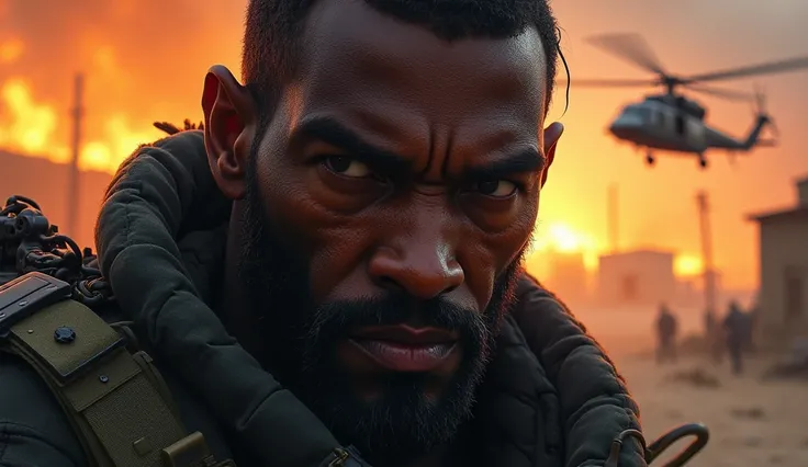 a close up Create an image of a black mercenary in Warzone .  In the background is a burning village and a helicopter.