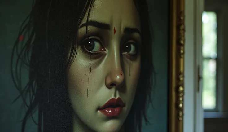 A close-up of a haunting, old painting on the wall inside the abandoned house. The portrait depicts a woman with dark, sorrowful eyes, her expression filled with warning and sadness. The painting seems to come alive, with the woman’s eyes following the vie...