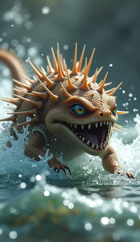 Fusion of a sea urchin with a wild and furious Geko coming out of the water