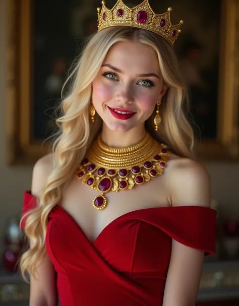  A beautiful full body professional photograph ,  of a beautiful young beautiful blonde girl with very long blonde hair green eyes dressed elegantly,  with a beautiful ruby ball dress with bare shoulders , with round breasts ,  on her neck wears a beautifu...