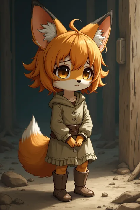 Kaela ,  a Kemonomimi-style semi-human , in her girl version ,  with a melancholic expression that reflects her life as a slave . Their ears and tail ,  similar to those of a fox ,  are light brown with darker tips ,  but they fall slightly down ,  as if t...