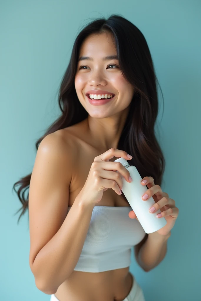  photo of a beautiful Indonesian woman aged 25 ,Long, straight hair , wearing a croptop is spraying deodorant spray into her armpits,her face poses smiling baground light blue 