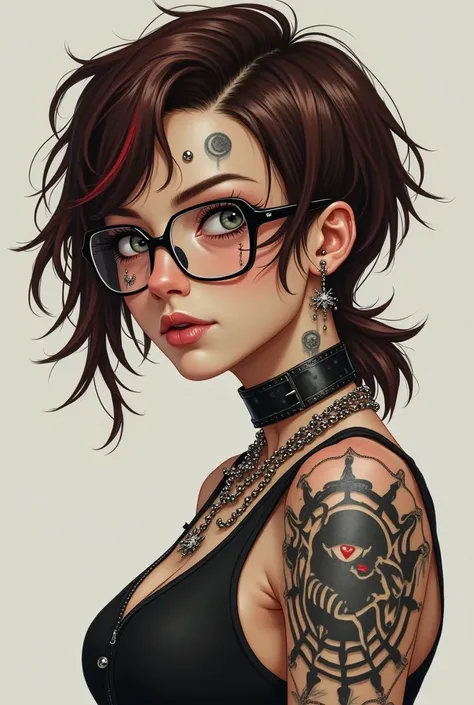 (Genshin),teenage female,but with androgynous features
Eyes:grey (wears glasses)
Hairstyle:short mullet
hair color:brown with red highlights
Style:metalhead
Piercings:snake bites,angel fangs,both nostrils,septum,all three lobe ones,industrial on left ear,t...