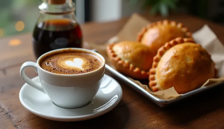  generates a rectangular image containing a cup of Colombian coffee with a tray or basket of empanadas, Make sure that the sharpness of these elements is optimal  