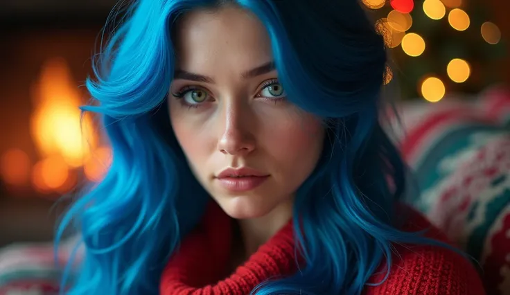  close up on the face of a very pretty , long bright blue hair, with a fireplace, colorful Christmas lights ,  colored blankets in the background ,  she is wearing a red wool blouse