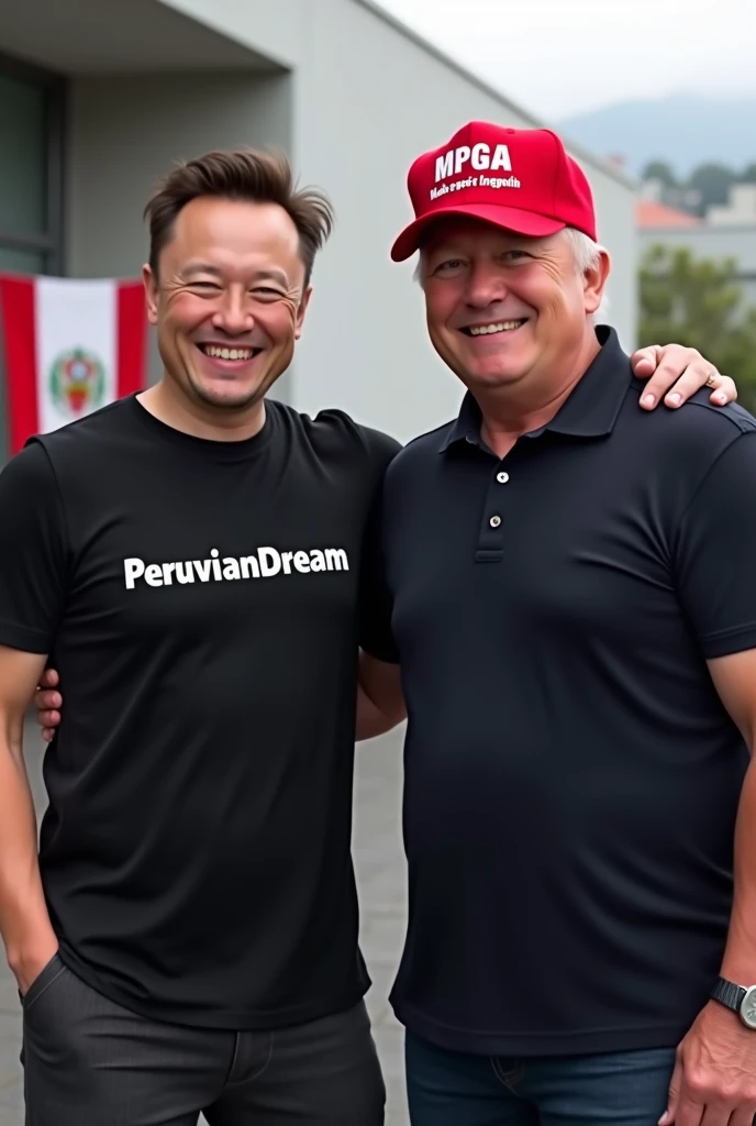 "Realistic digital artwork of Elon Musk and Donald Trump standing side by side, both smiling confidently. Elon Musk is wearing a sleek black T-shirt with the text PeruvianDream in bold white letters printed clearly across the chest. Donald Trump is wearing...