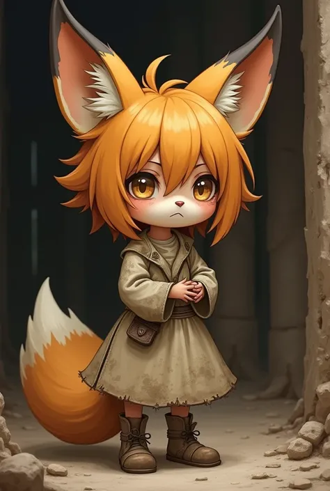 Kaela ,  a Kemonomimi-style semi-human , in her girl version ,  with a melancholic expression that reflects her life as a slave . Their ears and tail ,  similar to those of a fox ,  are light brown with darker tips ,  but they fall slightly down ,  as if t...