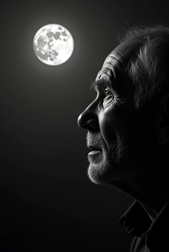 Full moon night with the face of a 55-year-old man thinking located on the right side, the left side must be wide ,  to allow you to write a long text . the black and white image .