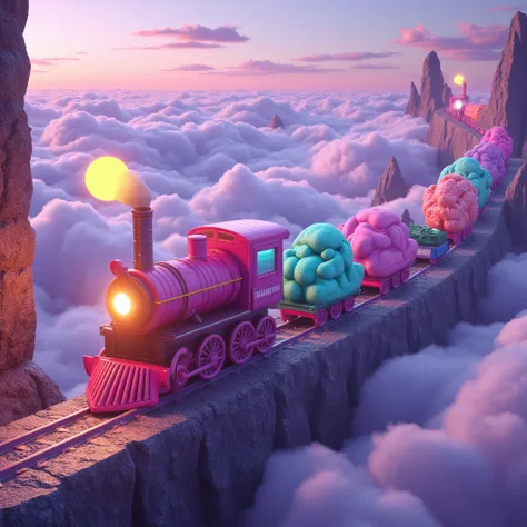 A surreal, dreamlike train traveling through the subconscious | (vividly colored wagons made of shifting, abstract shapes): spirals, floating orbs, and liquid-like forms | each wagon represents a dream state: calm serenity, chaotic nightmares, nostalgic me...