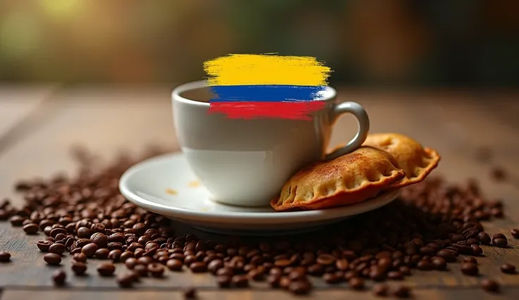  generates an image that has a logo perhaps somewhat bordered with a background of a cup of Colombian coffee,  put the Colombian flag on it ,  if you can also add the empanadas and make sure that the three elements look sharp , Focus  