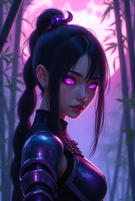 "A mystical portrait of a young ninja warrior with long black hair tied into a braid, accented by a sharp, crescent-shaped hair accessory. She has glowing violet eyes that reflect the moonlight, and her armor is a sleek combination of scales and polished m...