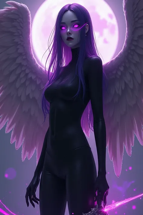 crystal, The Angel of Death,  is an imposing figure with 1 ,62m tall .  Your skin is pale as marble .,  contrasting with his smooth dark purple hair that falls on his shoulders .  Your eyes are two wells of a violet color ,  deep and dull ,  that seem to a...