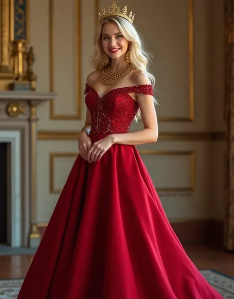  A beautiful full body professional photograph ,  of a beautiful young beautiful blonde girl with very long blonde hair green eyes dressed elegantly,  with a beautiful ruby ball dress with bare shoulders , with round breasts ,  on her neck wears a beautifu...