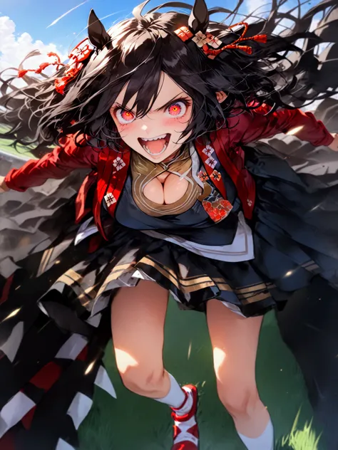 ((( Kitasan black )))、 black hair、 short hair、red and black horse girl skirt costume、(((Horse&#39;s ears)))、 horse tail、(((run)))、(((Sprinting)))、(((((Glare with sharp eyes)))))、((( teeth and laugh)))、(((Light speed )))、(((((anger)))))、(((wind)))、(((blue s...