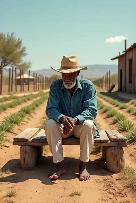 An old black man sitting on a bench in the middle of a farm in dry weather with his feet wearing white pants blue shirt round straw hat that covers his face without shoes